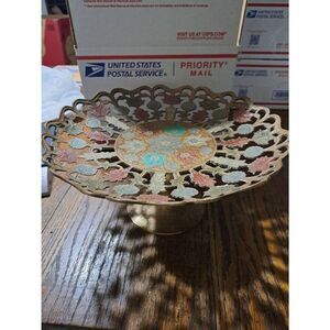 Vintage Handpainted Poppy Brass Pedestal Cake Plate Bowl Serving Piece Floral